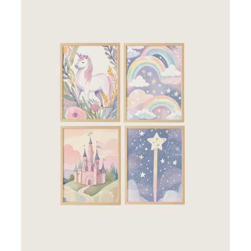 Whimsical Unicorn and Castle Wall Art Set | Rainbow & Magic Wand Prints | Fairytale Nursery Decor | Digital Download