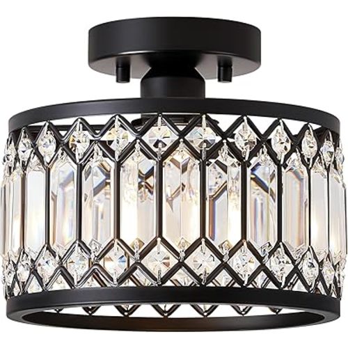 Pevfah Crystal Black Ceiling Light, 1-Light Semi Flush Light Fixture, 9 in