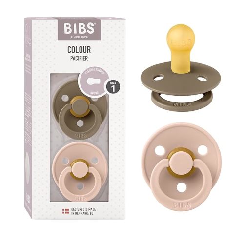 BIBS Pacifiers | Natural Rubber Baby Pacifier | Set of 2 BPA-Free Soothers | Made in Denmark | Blush/Dark Oak | Size 0-6 Months