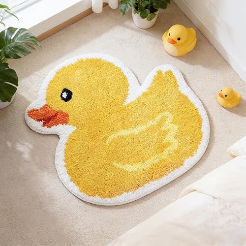 Yellow Duck Bath Rug Cute Rubber Duck Shaped Tuft Bath Mat Non Slip Washable Decorative Floor Mat for Birthday Baby Shower Home Bathroom Decor