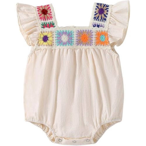 Baby Girl Romper Fall Clothes Ruffle Sleeveless Onesie Crochet Floral Bubble Romper Infant Bodysuit Boho Outfit