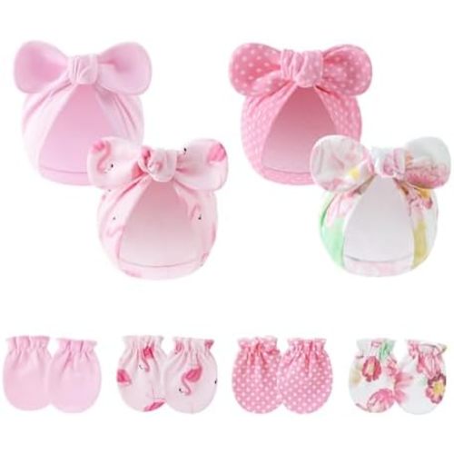 LIDHAY 4PCS Newborn Baby Hospital Hats Beanie Bow Infant Caps Cotton Preemie Hats No Scratch Mittens Set for 0-1 Years Old