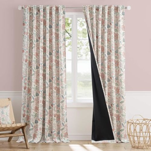 Pink Floral Blackout Curtains for Girls Bedroom, Kids Room Curtains with Pansy Flower Print, Room Darkening Window Drapes for Nursery and Playroom 63 Inch Length, 2 Panels