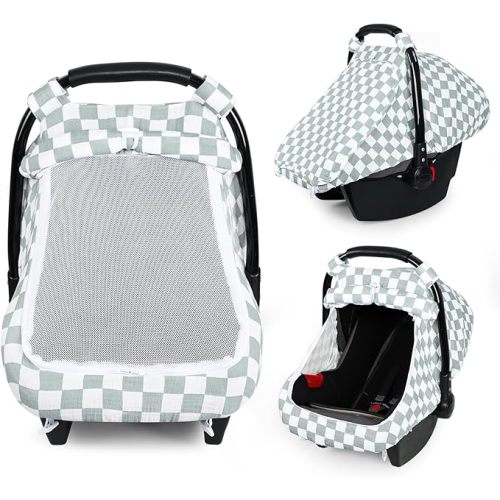 DILIMI Car Seat Covers for Babies, Muslin Cotton Baby Car Seat Cover with Breathable Mesh Window, Summer Infant Car Seat Canopy for Boys Girls Newborn, Green Plaid
