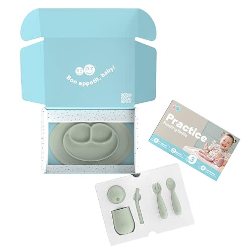 ezpz Kit 3: Practice Feeding Skills (Sage) - Tools to Help Your Toddler Practice Scooping, Piercing, Straw Drinking, and Self-Feeding - Toddler Essentials & Gifts