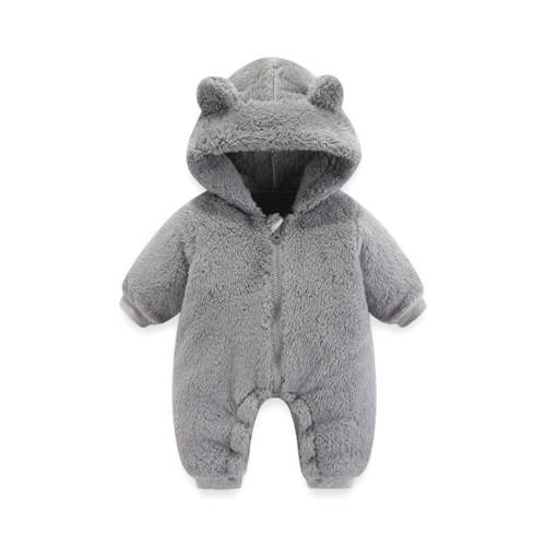 Ulitacool Girls Onesie Infant Snowsuit Winter Coat Solid Color Warm Hooded Thick Romper Outfits Long Sleeve Crewneck Jumpsuit Adorable Clothes 6-9 Months Grey
