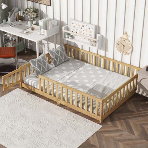 Bellemave Full Size Floor Beds with Door, Wood Montessori Bed with Fence Railings & Support Slats, No Box Spring Needed (Natural)