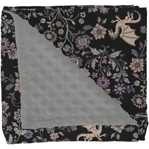 Fantasy Floral Dragons Baby Blankets for Girl Boy Fairytale Dragon Gothic Black Purple Flowers Soft Mink with Dotted Backing Double Layer Swaddle Blanket Animal Bed Throws for Infant Toddler 30x40