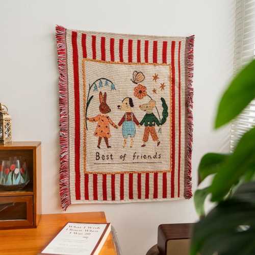 Woven Wall Tapestry, Fringed Fabric Wall Hanging, Vintage Animal Textile Art, Nursery and Bedroom Decor, Cottagecore Wall Decor