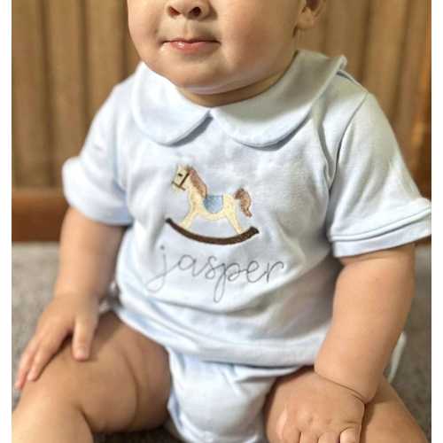 Boy's personalized, embroidered rocking horse Peter Pan bubble