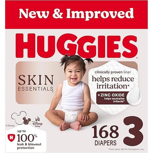 Huggies Size Newborn Diapers, Skin Essentials Baby Diapers, Size Newborn (6-9 lbs), 180 Count (3 Packs of 60), Packaging May Vary