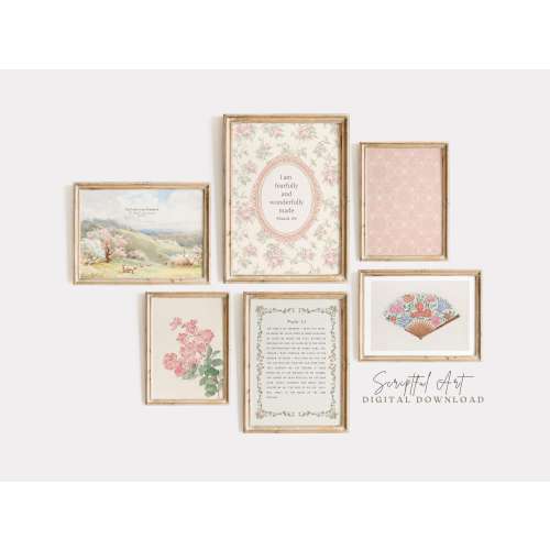 Pink Christian Nursery Gallery Set of 6, Cottagecore Vintage Prints Girls Room Decor Cute Bible Verses Psalm 23, Psalm 139 Digital Download