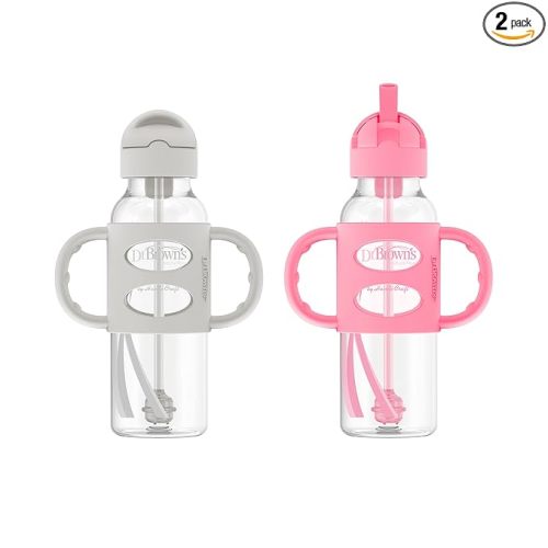 Dr. Brown's Milestones Narrow Sippy Straw Bottle, Spill-Proof with 100% Silicone Handles and Weighted Straw, 8 oz/250 mL, Gray/Pink, 6m+