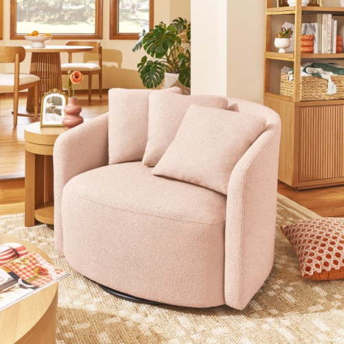 Oversized Blouson Accent Swivel Chair Pink Blush Boucle