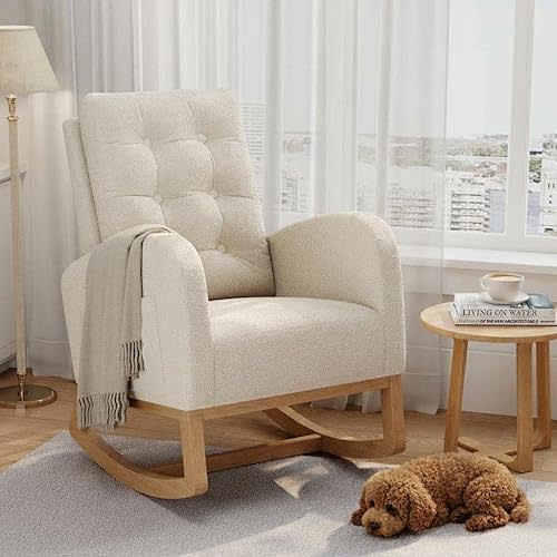 Modern Rocking Chair for Living Room, Comfortable Recliner Rocker with Side Pocket, Soft Linen Upholstered Glider Chair for Bedroom, Nursery, Lounge-Beige
