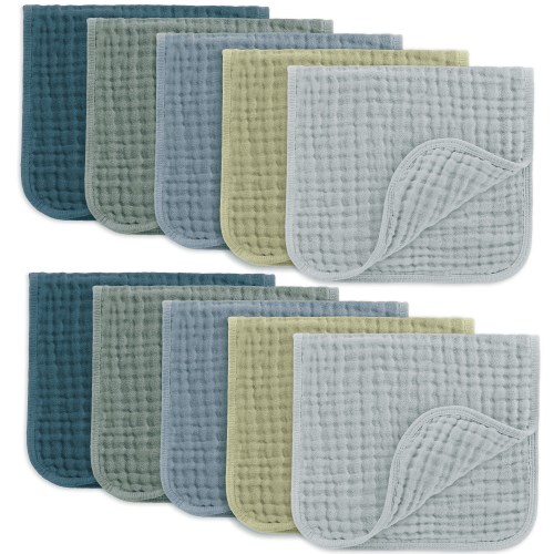 Comfy Cubs Muslin Burp Cloths - Large 100% Cotton Washcloths, 6 Layers (Multi Boy, 10-Pack, 20"X10")