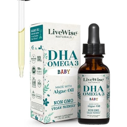 LiveWise Naturals DHA Omega 3 Drops for Kids - Vegan Liquid Omega 3 for Infants, Toddlers & Children - Essential DHA Supplement for Baby Brain, Eye & Immune Health