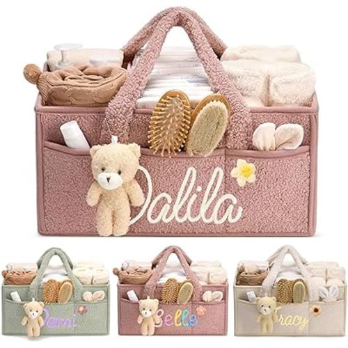Personalized Baby Diaper Caddy Organizer with Name, Custom Portable Changing Mat Diaper Caddy for Boy Girl, Baby Essentials Storage Basket with Removable Dividers Gift for Newborn Caddie Car Travel