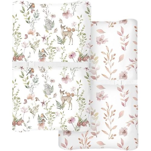 Changing Pad Cover for Baby Boys Girls 2 Pack, Fits Standard 32”×16” Changing Table Pads, Silky Breathable Stretch Knit, Machine Washable (Floral Fawn)