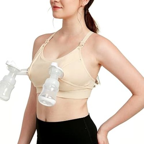 Hands Free Pumping Bra, Comfortable Breast Pump Bra with Pads, Lupantte Adjustable Nursing Bra for Pumping .Fit Most Breast Pumps Like Spectra, Lansinoh, Philips Avent etc. (Large) Skin