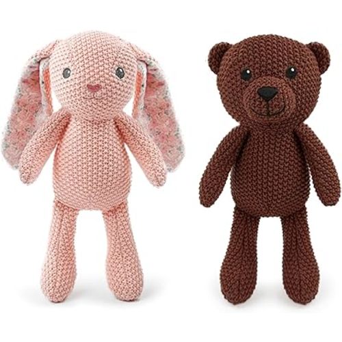Crochet Stuffed Animals for Kids 2-Pack - Rabbit & Bear, 10" Soft Cute Plush Toys, Hand-Knitting Cotton Thread Plush Animals, Ideal Birthday for Boys Girls Kids & Adults