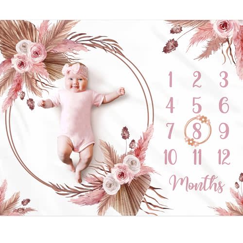 Gicoherero Floral Boho Baby Monthly Milestone Blanket Little Girl Bohemian Photo Prop Blanket Personalized Bliss Baby Present Pampas Grass Ideas for Newborn Princess Pinkk Nursery Dcor 40" X 50"