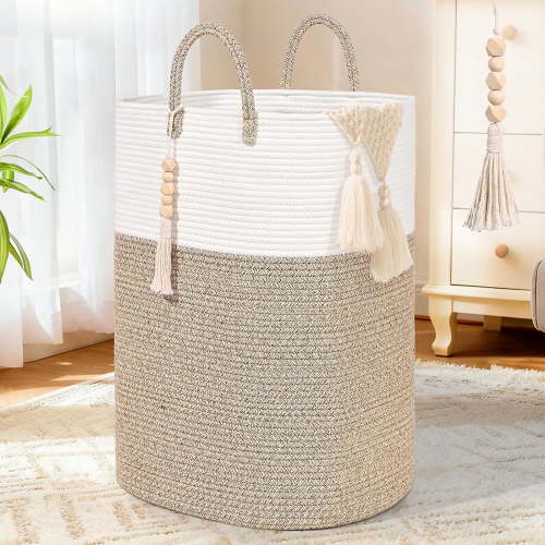 Natubeau Woven Storage Baskets, 65L Large Rectangle Laundry Hampers with Beads Tassel, Nursery Storage Basket for Toys, Cube Organizer Bins, Brown&White