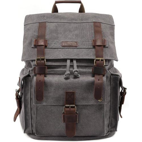Kattee Men’s Leather Canvas Backpack Large School Bag Travel Rucksack Grey