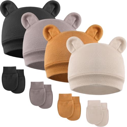 BQUBO Newborn Baby Bear Ears Hats and Mittens Sets Preemie Cotton Caps Baby Boy Girl Infant Hospital Beanie