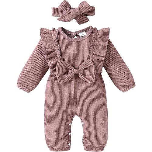 Happy Town Baby Girl Romper Infant Fall Winter Clothes Ruffle Sweater Long Sleeve Bodysuit Jumpsuit and Headband