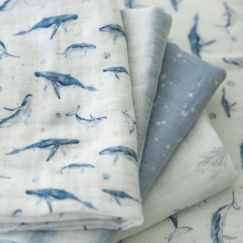 Muslin Swaddle Blankets for Newborn, 4 Pack Cotton Baby Blankets for Boys, Large 31.5 x 43.3 Breathable Soft Receiving Blanket, Essentials Swaddle Wrap Burping Clothes, Blue Whale