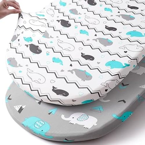 Stretch Fitted Bassinet Sheet Set BROLEX 2 Pack Cradle Sheets for Bassinet Pad/Mattress,Unisex Boys Girls,Ultra Soft,Elephant Whale