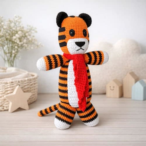 Handmade Crochet Tiger Plushie with Red Scarf, Personalized Name, Amigurumi Stuffed Toy, 12-25 inch Sizes, Baby Shower Gift, Nursery Decor