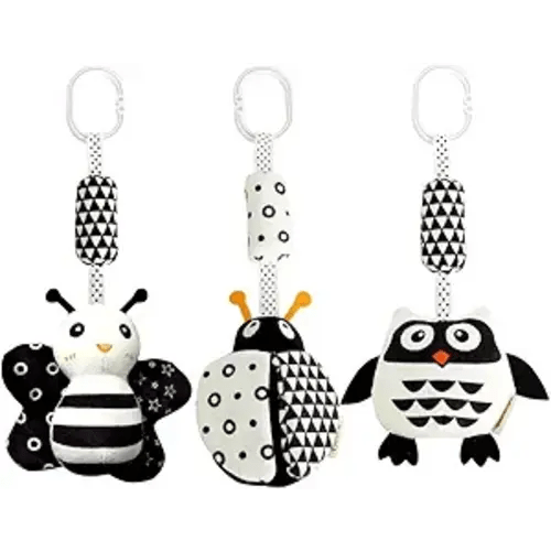 Baby Hanging Toy,3 Pack Black and White Baby Toys for 3 6 9 12 Months, High Contrast Hanging Toys,Plush Soft Stroller Rattles Toy for Boys and Girls(21CM, Ladybug,Bee & Owl)
