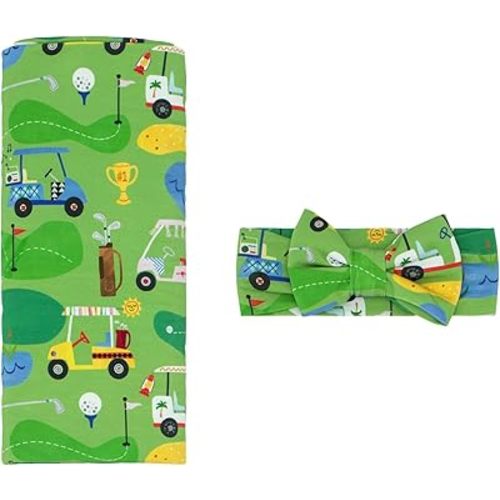 Little Sleepies Swaddle & Headband Bow Set, Viscose from Bamboo Baby Swaddles, Newborn Baby Girl Clothes (Luxe Fairway Fun)