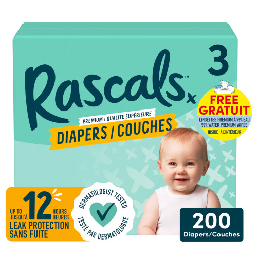 Rascals Premium Absorbent Baby Diapers, Size 3, 200 Count, Gifts for Baby Days - Walmart.ca