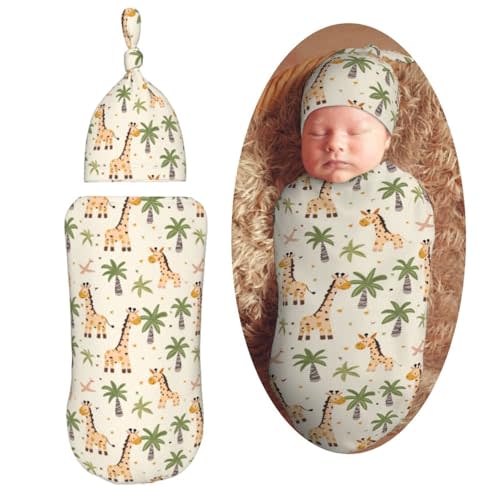 Cute Giraffes and Palm Trees Newborn Swaddle Blankets Hat Sets Soft Baby Receiving Blanket Swaddle Sack for Baby Shower Infant Boy Girl Gift