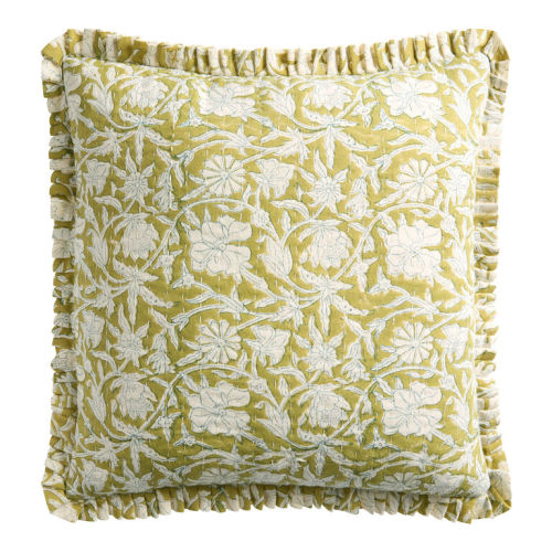 Sage Green and Blue Floral Ruffle Block Print Throw Pillow