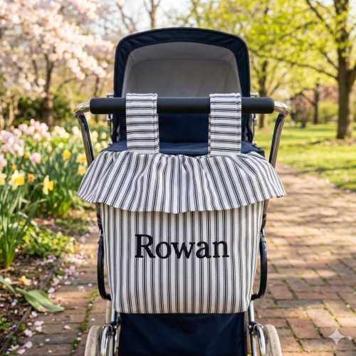 Personalized Ruffle Stroller Caddy Bag | Baby Shower Gift | Mom Tote Organizer | Black and White Stipe Stroller Bag