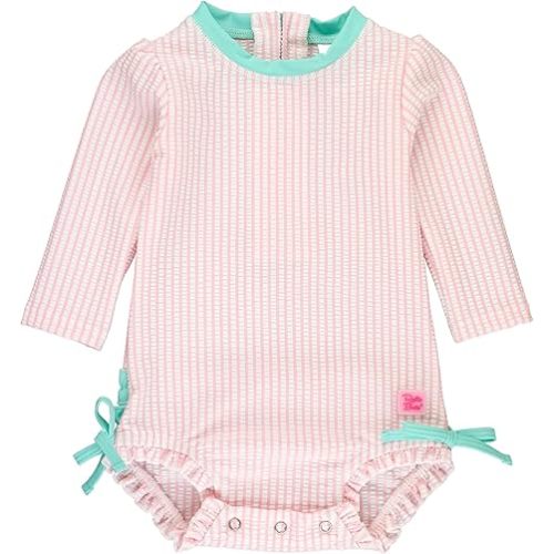 RuffleButts Baby/Toddler Girls Seersucker Long Sleeve One Piece Rash Guard Swimsuit with UPF 50+ Sun Protection