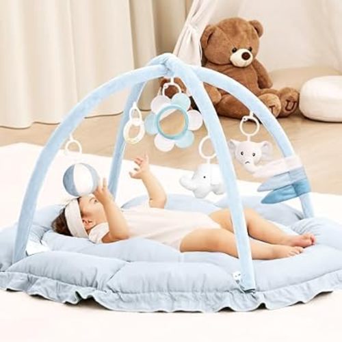 ANGELBLISS 5 in 1 Baby Play Gym Mat, Reversible Tummy Time Mat with 5 Sensory Toys for Stage-Based Developmental, Thick & Large Baby Activity Center from Newborn to Toddler (Light Blue)
