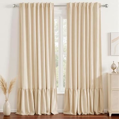 Ruffle 100% Blackout Curtains,Double Layer,2 Panels,Natural,52x84
