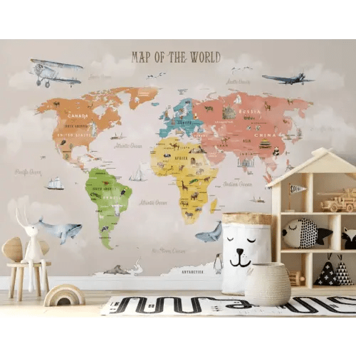 Colorful Kids World Map Wallpaper Mural • Wallmur®