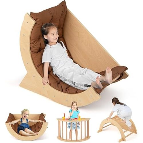 Costzon Kids Wooden Arch Rocker with Cushion, 6-in-1 Montessori Climbing Toys for Toddlers, Children Indoor Sensory Table Climbing Gym Learning Playset, Arch Climber Ladder for Kids Gift Presents