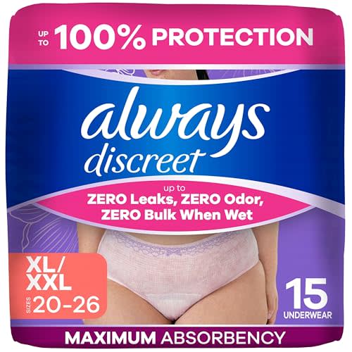 Always Discreet Adult Diapers for Women, Incontinence Underwear, Postpartum Essentials, Disposable Briefs, Max Absorbency, Bladder Leak Protection, Extra Large/XL, 15ct