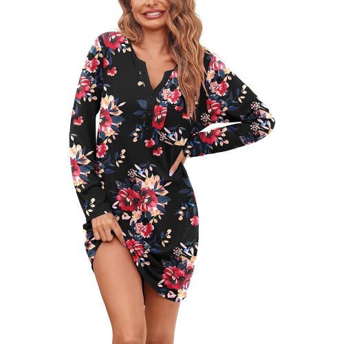 Ekouaer Women's Nightshirt Long Sleeve Button Down Nightgown V-Neck Sleepwear Casual Pajama Dress