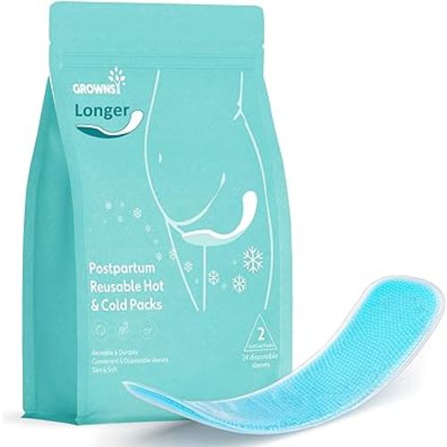 Grownsy Heating and Cooling Postpartum Essentials Pads, 2PCS Perineal Postpartum Ice Pack Pads with 24PCS Disposable Sleeves, Reusable Ice Maxi Pads for Postpartum Relief