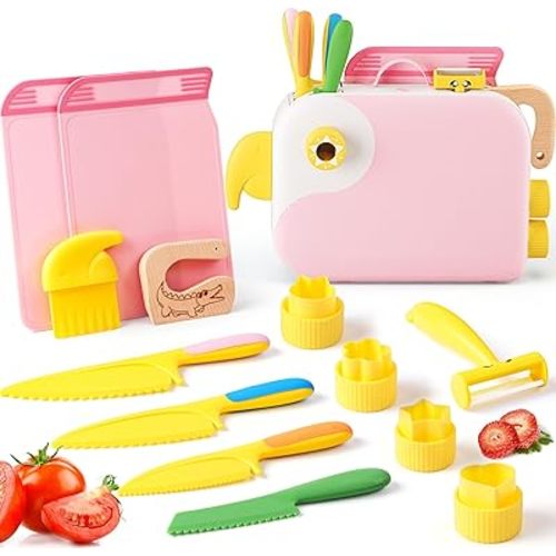 Toddler Girl Cooking Set with Storage Box-Girls Pink Kitchen Set,Safe PP Material Baby Girl Montessori Kitchen Tools for Real Cooking,Dishwasher Safe,Fun Bird-Shaped Little Chef Set