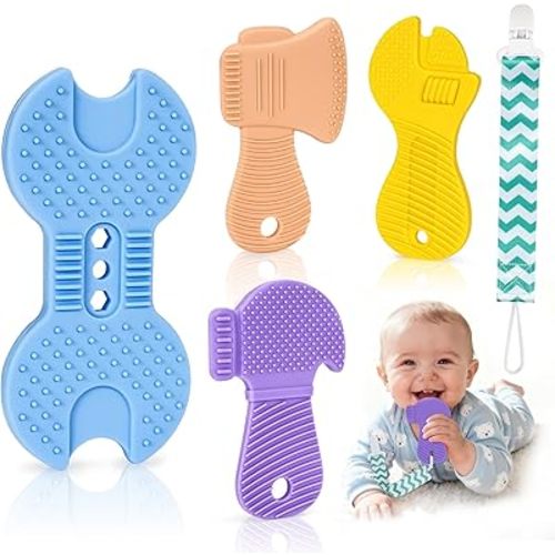Baby Teething Toys, Teethers for Babies 3-18 Months, Teether Tools Shape Toys, Baby Teething Relief Toddlers Infant Toy with Pacifier Clip for Boys & Girls, Food Grade Silicone, BPA-Free, 4 Packs