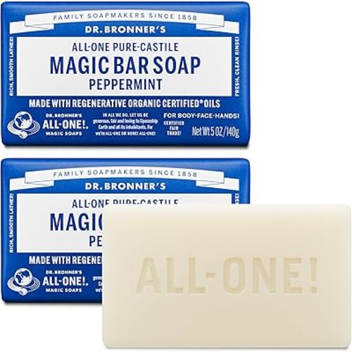 Dr. Bronner's Pure-Castile Magic Bar Soaps (Peppermint, 5oz, 2-Pack) – Made with Regenerative Organic Certified Oils, Soap Bars for Men & Women, Gentle for Face & Body, Vegan, Non-GMO